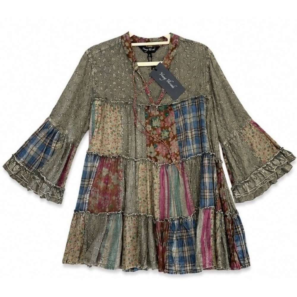 Young Threads Gravel Patchwork Boho Tunic Top Floral Plaid Embroidery Sz:S NWT - Picture 5 of 8